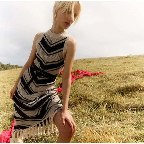 Striped Knitted Long Dress Women O-neck Backless Hollowed Out Long Sleeves Lady Bodycon Dress 2024 Spring Summer Vacation Robe - Lootquake