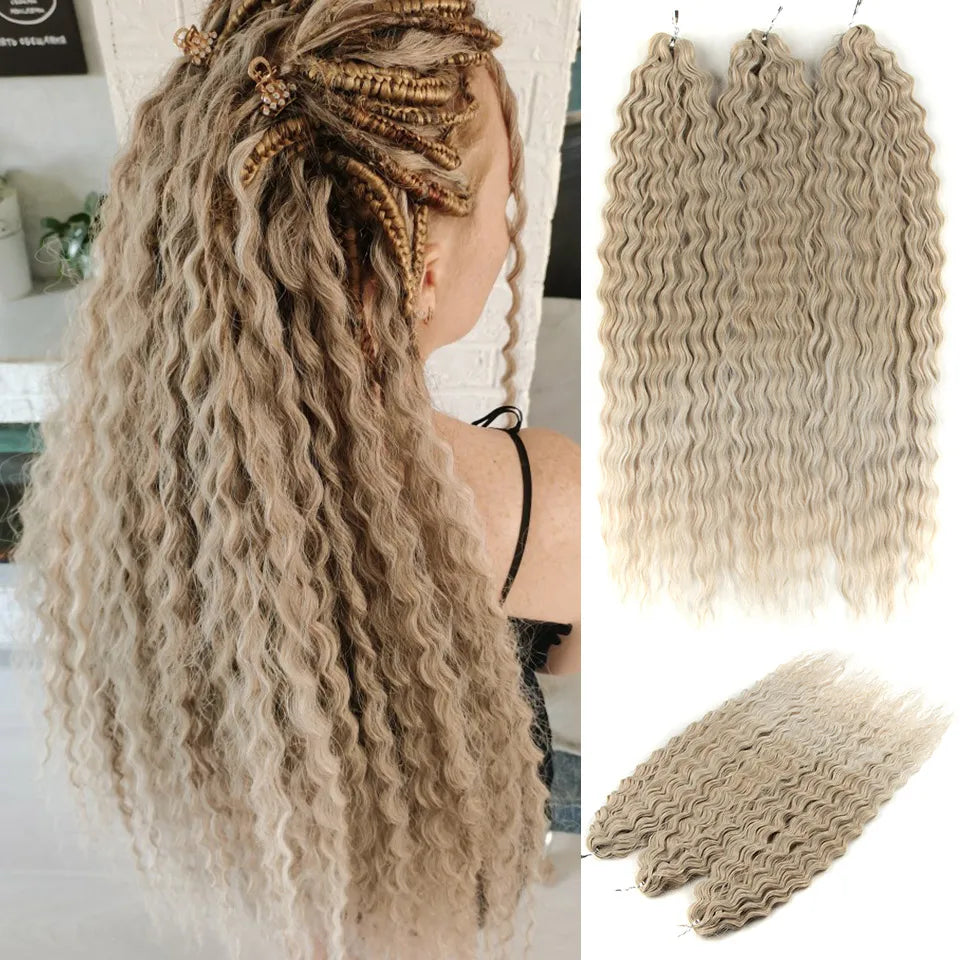 24" Water Wave Crochet Hair | Ombre Blonde Brown | Curly Twist Braids | Synthetic Braiding Hair Extensions | 60 Strands