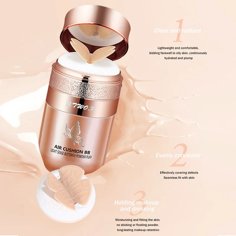 Crema BB con cojín de aire, polvos de mariposa, base hidratante, corrector, blanqueador, control de grasa, maquillaje resistente al agua, cosméticos.