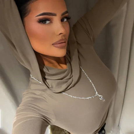 Women's Hooded Crop Tops Autumn Solid Color Long Sleeve Cowl Neck Slim Fit Short T-Shirt Streetwear Sporty Basics Tees - Lootquake
