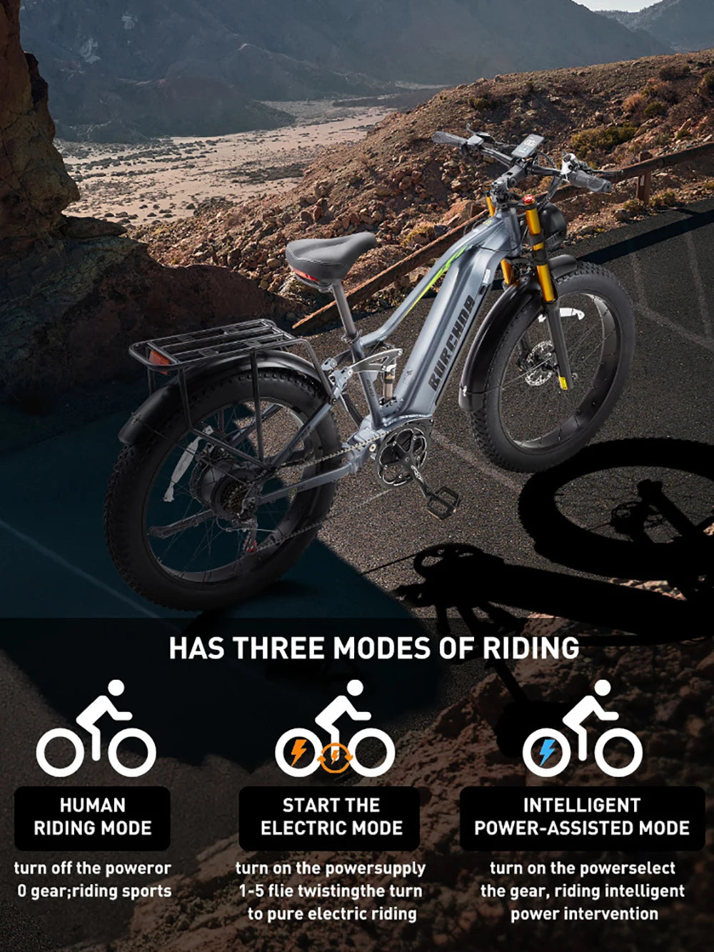Bicicleta eléctrica BURCHDA RX80 para adultos, motor de 1000 W, batería de 48 V 20 Ah, neumáticos anchos todoterreno de 26", bicicleta eléctrica para montaña y nieve, ciclismo todoterreno
