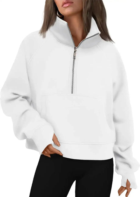 Womens Sweatshirts Half Zip Cropped Pullover Fleece Quarter Zipper Hoodies Fall outfits Clothes Thumb Hole - Lootquake