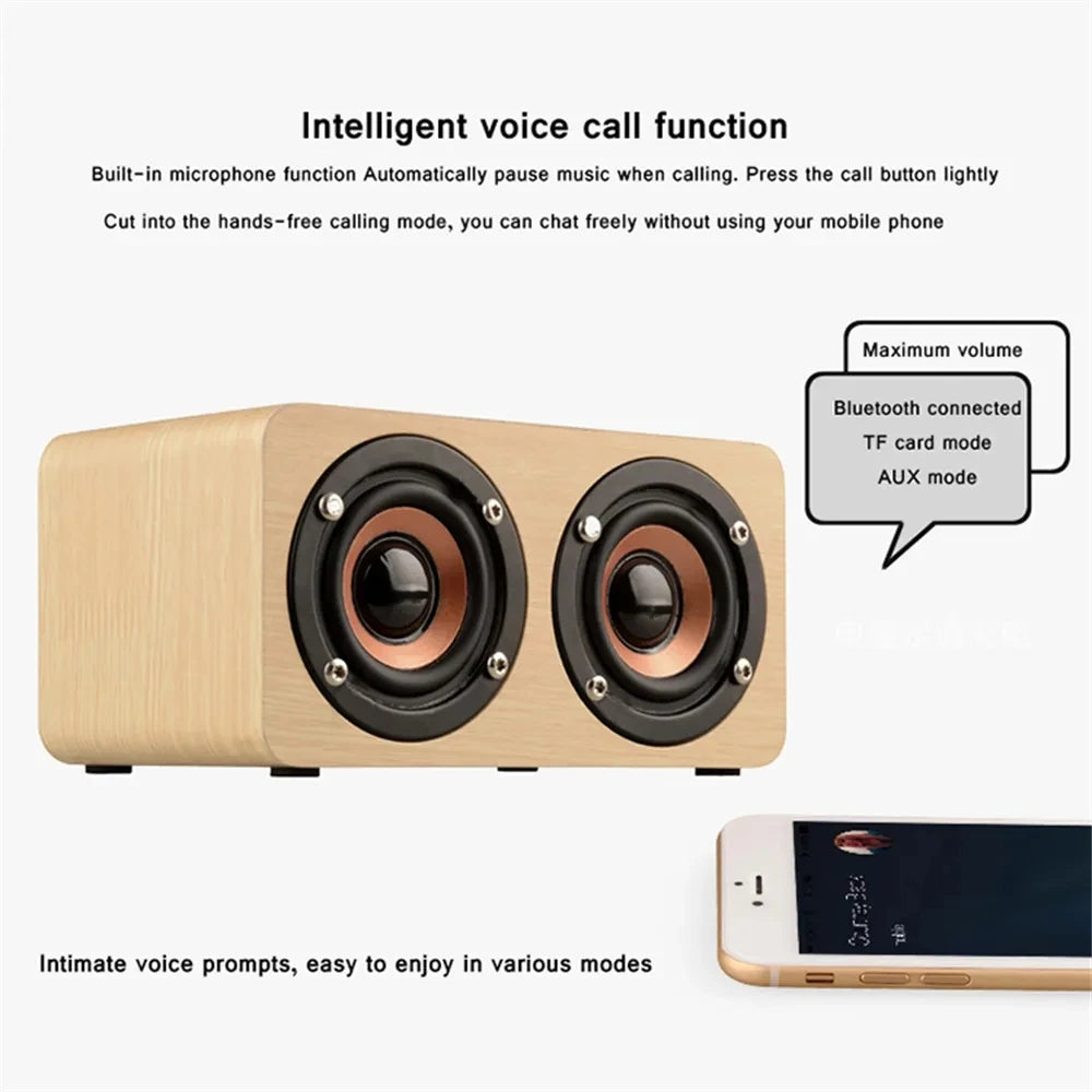 Altavoz Bluetooth de madera de 6 W, altavoces estéreo portátiles de alta fidelidad, reproducción TF, llamadas manos libres, entrada AUX, altavoz de graves superbajos, subwoofer dual