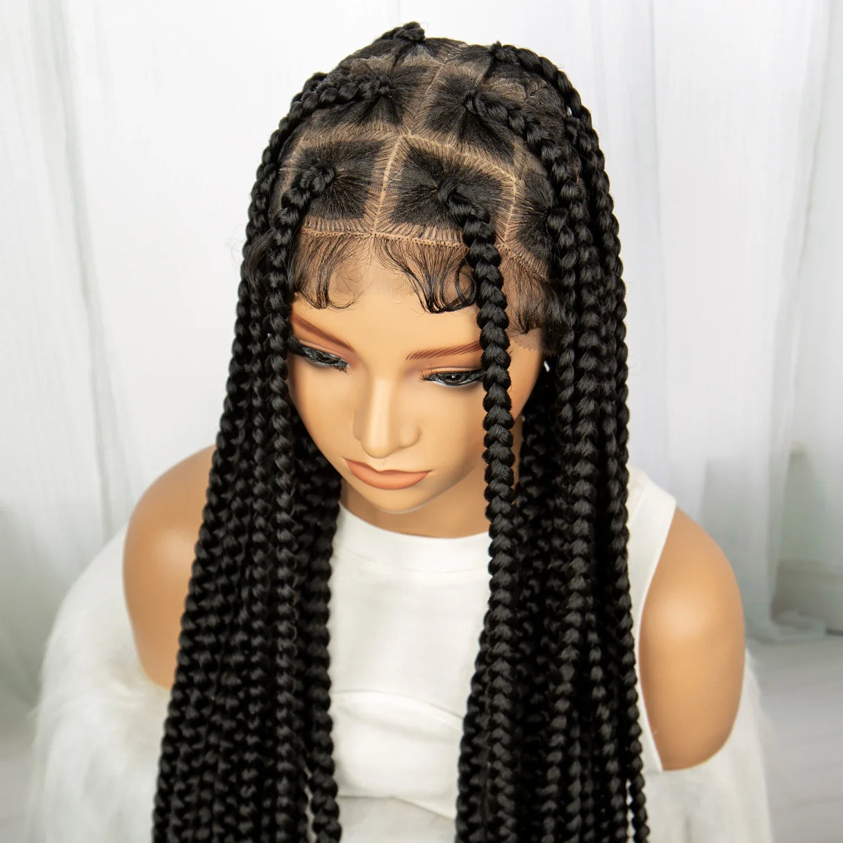 34" Knotless Box Braids Full Lace Wig | Long Black Synthetic Braids | Transparent Lace