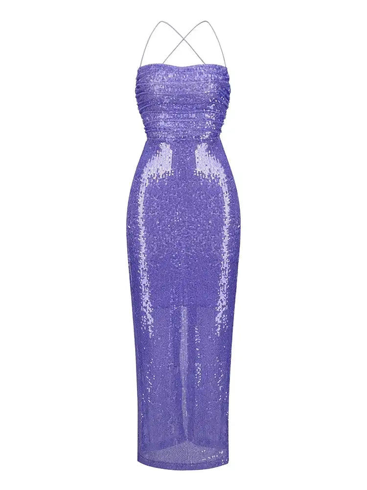 New Sexy Sleeveless Backless Lace-up Slim Long Dress Summer Elegant Pleated Backless Bright Sequins Dress Luxury Evening Dresses - Lootquake