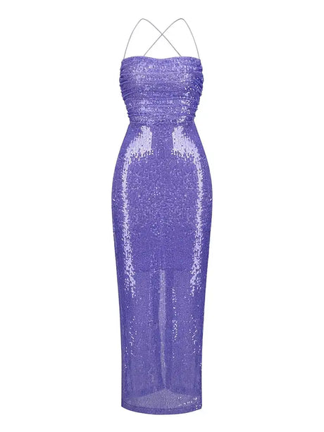 New Sexy Sleeveless Backless Lace-up Slim Long Dress Summer Elegant Pleated Backless Bright Sequins Dress Luxury Evening Dresses - Lootquake