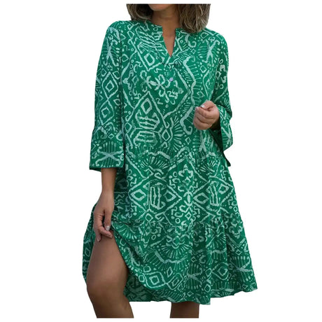 Women Floral Print Maxi Dress Fashion Casual V Neck Long Dress Plus Size Summer Boho Dress Ruffle Three Quarter Sleeves Dresses - Lootquake