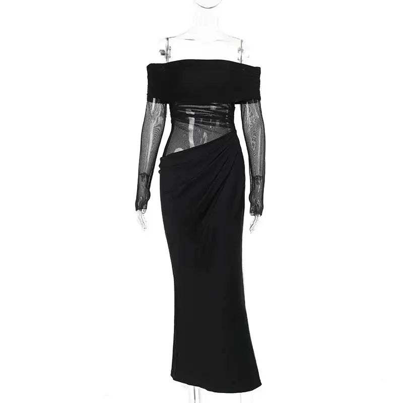 BOOFEENAA Vestido largo negro de malla transparente con patchwork, otoño 2024, sexy, elegante, con hombros descubiertos, manga larga, cortes, C66-EZ33
