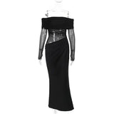 BOOFEENAA Vestido largo negro de malla transparente con patchwork, otoño 2024, sexy, elegante, con hombros descubiertos, manga larga, cortes, C66-EZ33