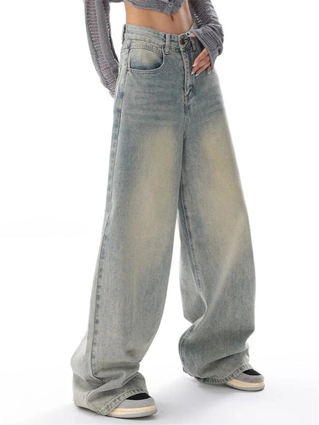 Women's American Vintage Washed Thin Jeans Street Casual Neutral Style Blue Denim Trousers Female High Waist Straight Pants - Lootquake