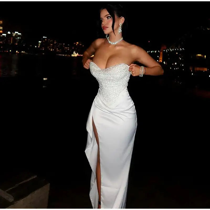 Satin Shiny Sequins Party Long Dress Women Sexy Strapless Sleeveless Backless High Split Dresses 2025 INS Lady Evening Gown - Lootquake
