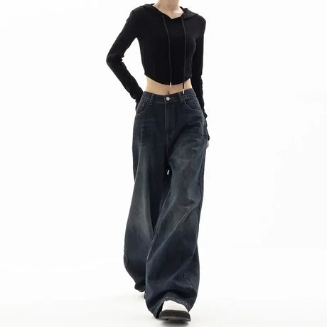 HOUZHOU Vintage Black Wide Leg Jeans Women Oversized High Street Korean Fashion Baggy Denim Trousers Grunge Y2k Female Hip Hop - Lootquake