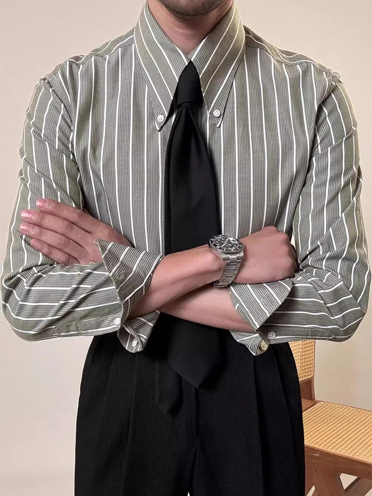 Vintage Striped Printed Slim Shirts Mens Casual Long Sleeve Lapel Buttoned Shirt 2025 Spring Fall Mens Shirt Naple Style Clothes