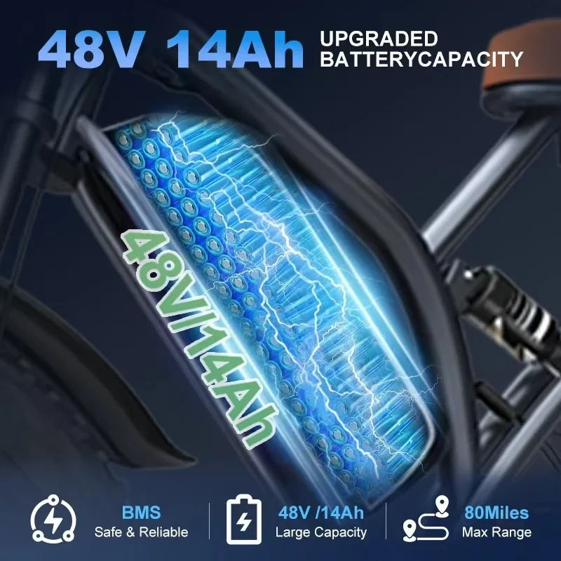 Bicicleta eléctrica X50P con motor de 750 W, batería de litio de 48 V y 14 Ah, estilo retro, para adultos, neumáticos anchos de 20 x 4,0 pulgadas.