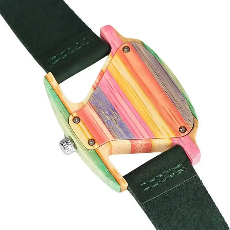 Unique Triangle Women's Wood Watch Creative Colorful Lady Green/ Red Genuine Leather Wristwatch Elegant Womens Watches Top Gifts - Lootquake