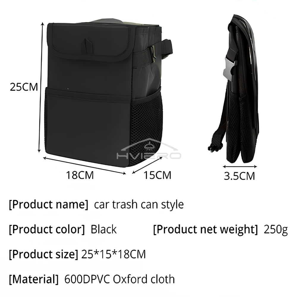 Cubo de basura con tapa y bolsillos de almacenamiento, 100 % a prueba de fugas, organizador impermeable, multiusos, color negro, para coche.