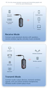 Receptor y transmisor de audio Bluetooth 5.3 con conector auxiliar de 3,5 mm para avión, adaptador USB inalámbrico para TV, PC, auriculares, kit de coche y altavoz.