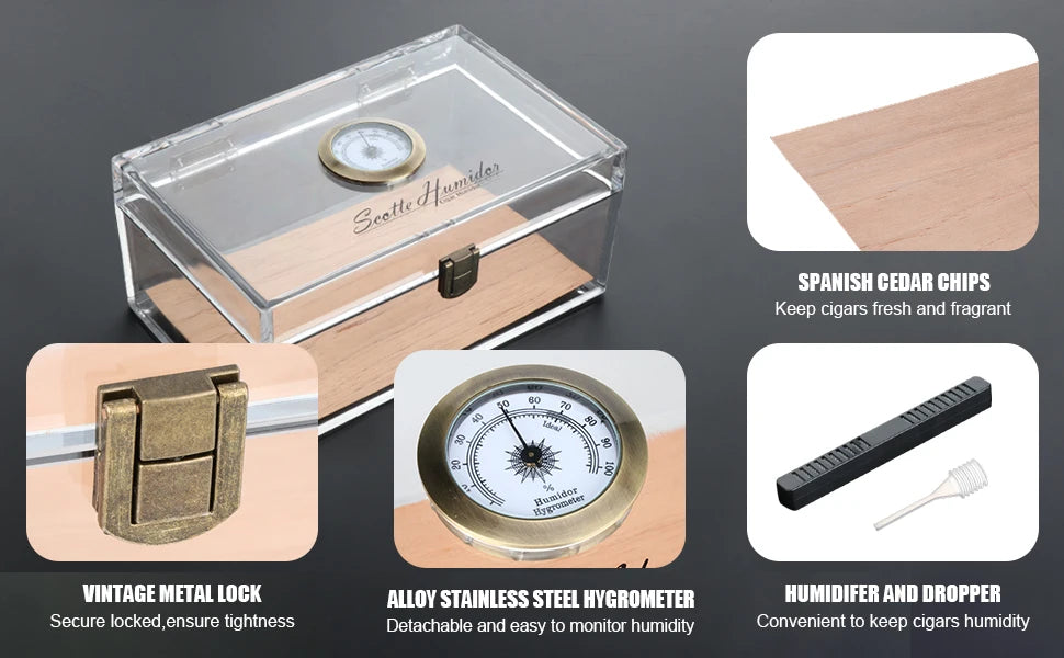 Boîte à cigares Scotte en acrylique avec hygromètre et humidificateur pour 20 cigares. Comprend un coupe-cigare et des accessoires pour perforer les cigares.