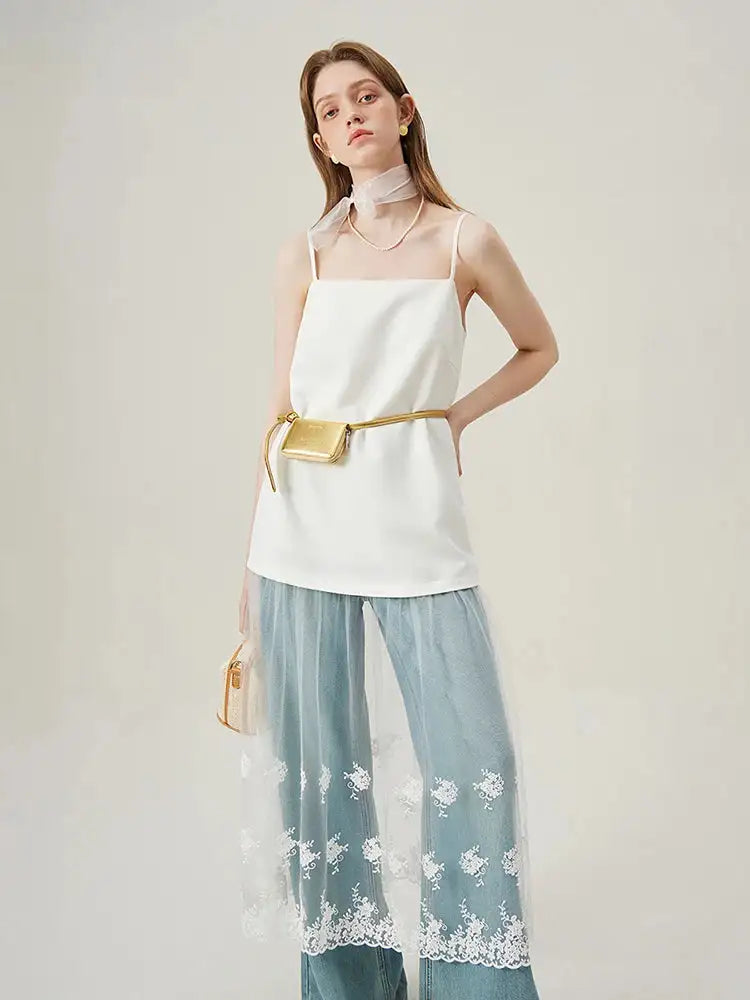 FSLE White Lace Splicing Suspender Summer Long Dress For Female 2024 New Unique Design Influencer Niche Women Top 24FS12296 - Lootquake