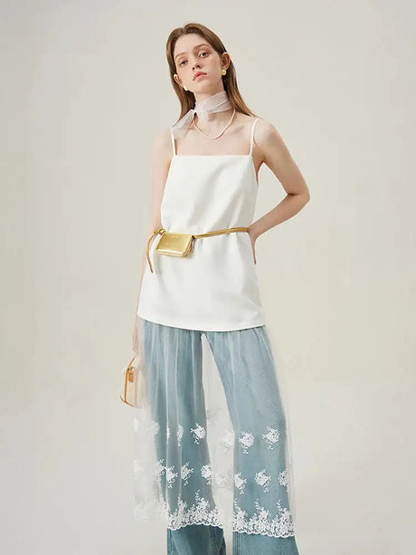 FSLE White Lace Splicing Suspender Summer Long Dress For Female 2024 New Unique Design Influencer Niche Women Top 24FS12296 - Lootquake