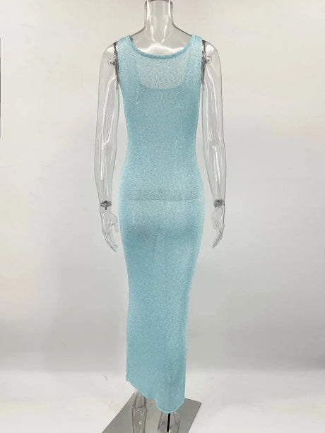 Tossy Sequin Slim Scoop Neck Maxi Dress Female Backless Glitter See-Through Sexy Patchwork Autumn Dress Women's Long Dress 2024 - Lootquake