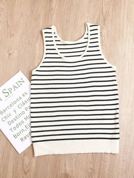 Top Women's loose-fitting striped, spicy Casual Sleeveless Top with round neckline and off-the-shoulder outdoor tank top, summer - Lootquake