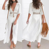 Summer Sexy Hollow Out Beach Tunic Pareo White V Neck Cover Up Long Dress Bikini Cover Up  Swimwear Bathing Suit Beachwear - Lootquake