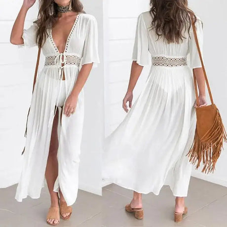 Summer Sexy Hollow Out Beach Tunic Pareo White V Neck Cover Up Long Dress Bikini Cover Up  Swimwear Bathing Suit Beachwear - Lootquake