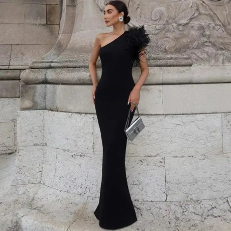 BWQ Black Sleeveless One Shoulder Feather Maxi Dress For Women Bodycon Sexy Party Elegant Long Dress Birthday Evening Outfit - Lootquake
