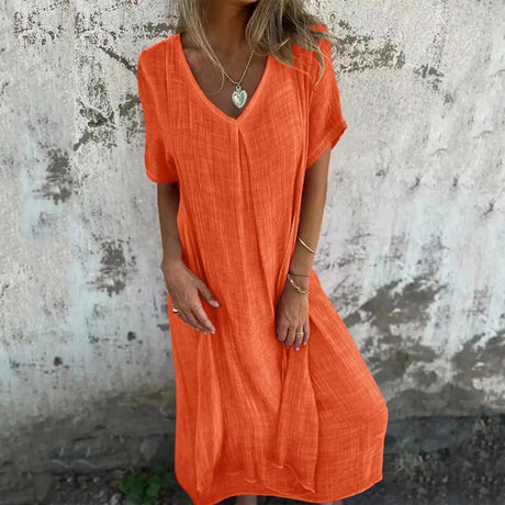 Cotton Linen Short Sleeve Loose Dress 2024 Summer Women's V-neck High Waist Long Dress Vintage Solid Color Straight Beach Dress - Lootquake