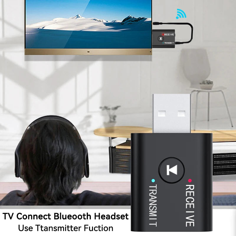 Receptor y transmisor de audio Bluetooth 5.0 2 en 1, adaptador inalámbrico de música estéreo con entrada AUX USB de 3,5 mm y micrófono para coche, altavoz, TV y PC.