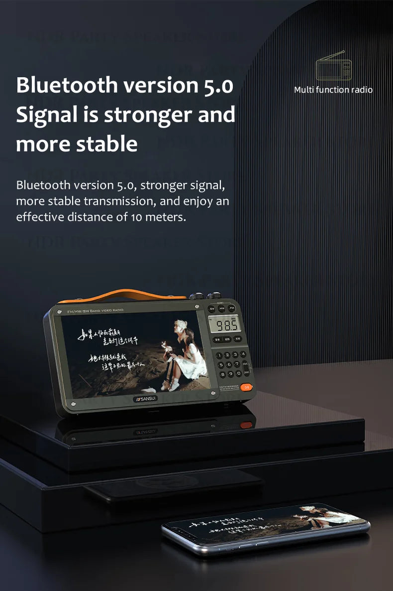 Enceintes Bluetooth sans fil SANSUI, radio pleine bande, lecteur vidéo LED HD, baladeur MP4 portable, batterie rechargeable intégrée