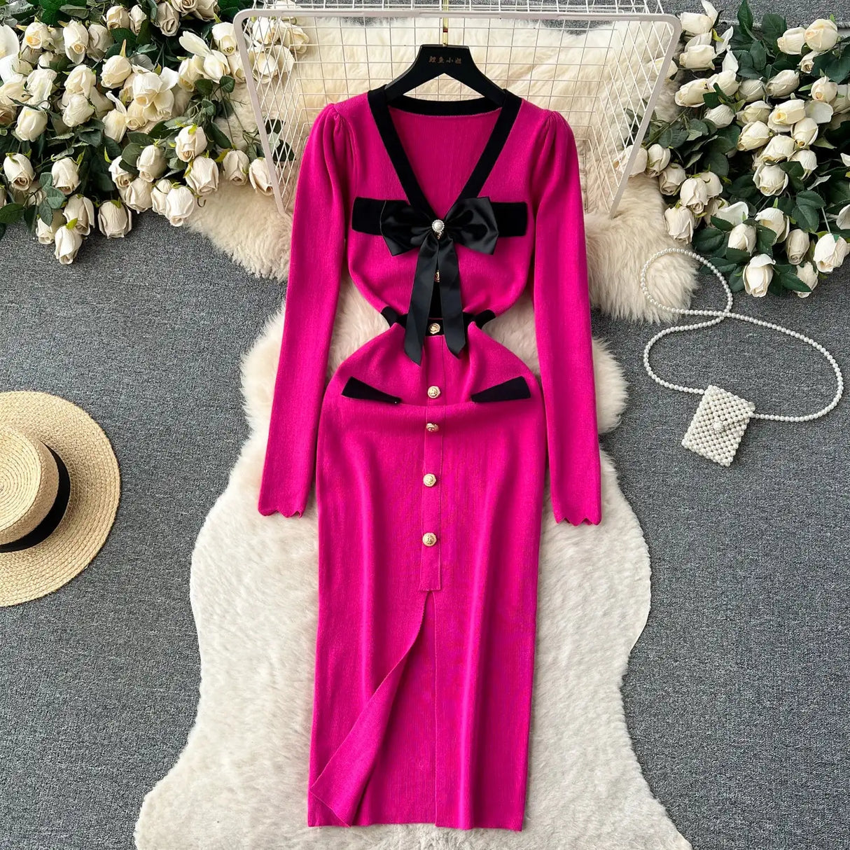 SINGREINY Office Lady Sweater Long Dress 2023 Bow Single Breasted Elastic Split Women Autumn Dress Fashion Senior Knitted Dress - Lootquake