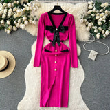 SINGREINY Office Lady Sweater Long Dress 2023 Bow Single Breasted Elastic Split Women Autumn Dress Fashion Senior Knitted Dress - Lootquake