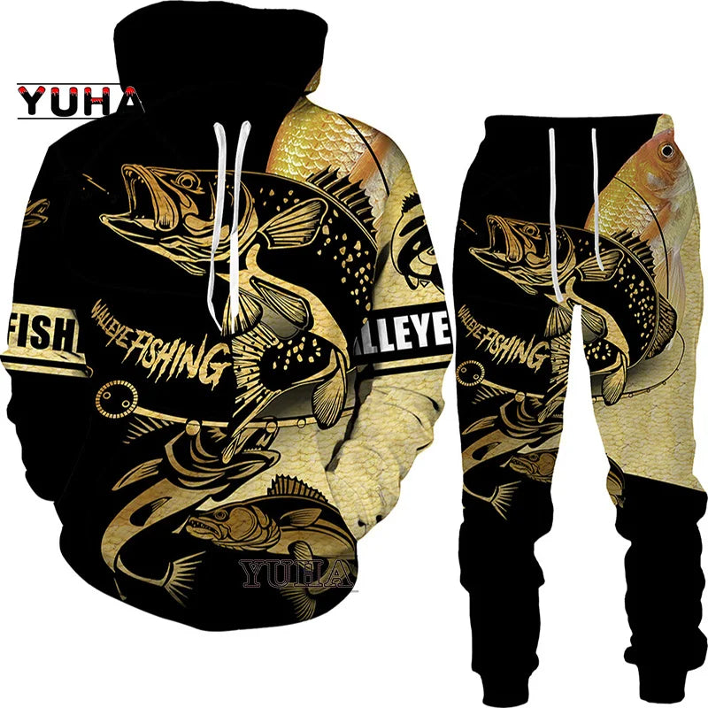 New 3D Fishing Art Print Casual Couple Hoodies Outfits Hip Hop Streetwear Hooded Sweatshirt+Sweat Pants Men's Tracksuit Set - Lootquake