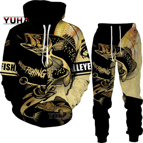 New 3D Fishing Art Print Casual Couple Hoodies Outfits Hip Hop Streetwear Hooded Sweatshirt+Sweat Pants Men's Tracksuit Set - Lootquake