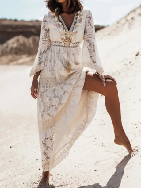 Boho Long Dress Women Summer Lace V Neck Flare Sleeve Sexy Maxi Dress Lady Holiday Party Beach Wedding Dresses Vestidos De Mujer - Lootquake