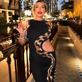 Tossy Python Printed Hollow Out Maxi Dress Female Slim Sexy Side Split Sleeveless Contrast Summer Party Dress Women's Long Dress - Lootquake