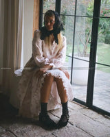2025 New 100% Linen Flower Print Long Sleeve Tie Up Waist Loose Long Dress - Lootquake