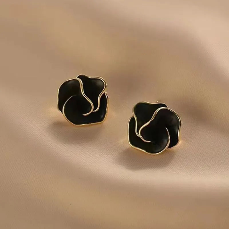 925 Silver Needle Korean Fashion Camellia Flower Earrings For Women Jewelry 2025 Trending Women's Black White Stud Earrings Gift - Lootquake