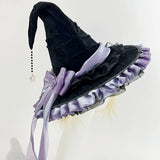 Halloween Party Witch Hat Costume Bowknot Large Black Crooked Ruched Wizard Hat Accessory