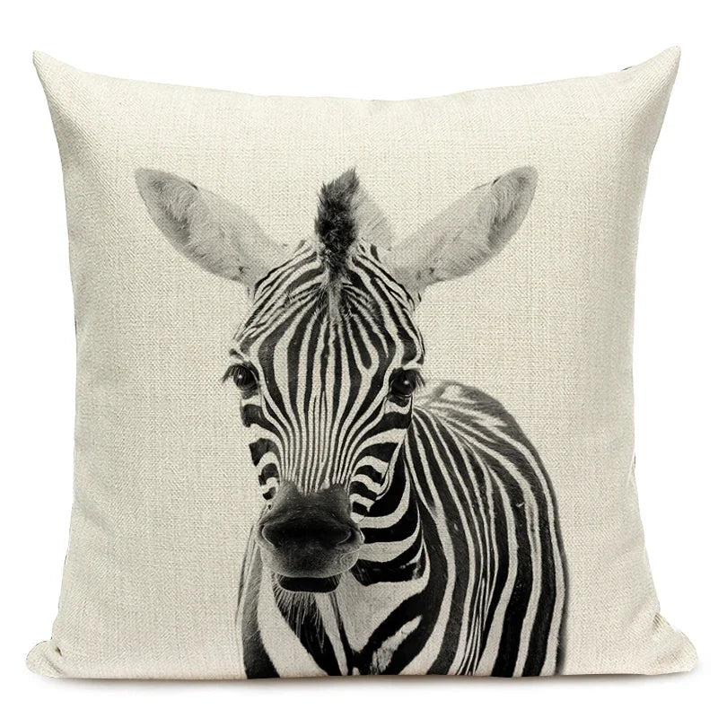 Black and White Cute Animals Cushion Cover - Animal Portrait Decoration Throw Pillow Case 45x45cm for Home Sofa Decor