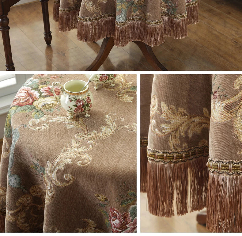 European Retro Style Jacquard Tablecloth Chenille  Tassels Home Furnishings Living Room Decorate Dustproof Round Tablecloth