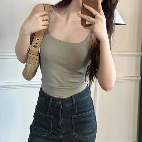 Solid All-Match Invisible Integrated Chest Pad Cami 2024 Spring New Korean Women clothes Short Sleeveless Top - Lootquake