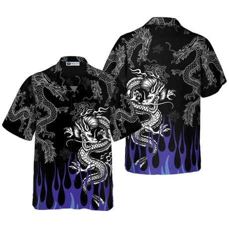All Over Print Flame Dragon Pattern Hawaiian Shirts For Men Summer Short Sleeve Button Up Beach Shirts Blouse Mens Streetwear - Lootquake