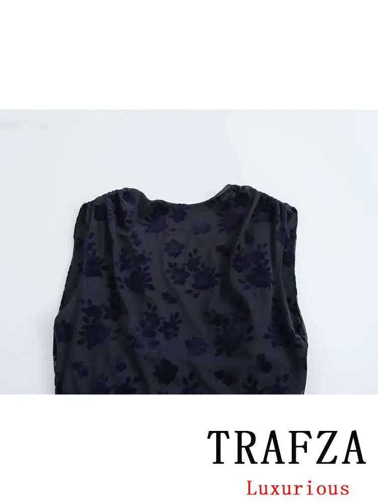 TRAFZA Vintage Casual Chic Women Flocking Suit O-Neck Backless Sleeveless Top Asymmetrical Long Skirt Fashion 2025 Spring Suit - Lootquake