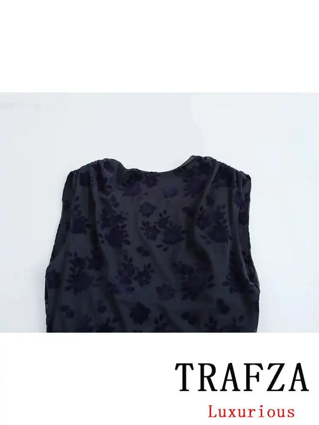 TRAFZA Vintage Casual Chic Women Flocking Suit O-Neck Backless Sleeveless Top Asymmetrical Long Skirt Fashion 2025 Spring Suit - Lootquake