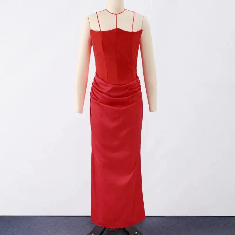 Vestido largo sexy de patchwork sin tirantes para mujer, vestido de sirena plisado sin mangas ajustado, vestido de noche liso para primavera y verano 2025.