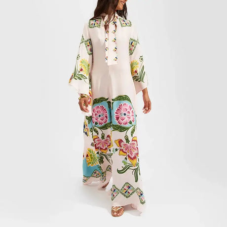 Ethnic Retro Spring Print Boho Long Dress Women Sexy Stand Collar Lace-up Party Dress Fall Long Sleeve Loose Ladies Maxi Dresses - Lootquake