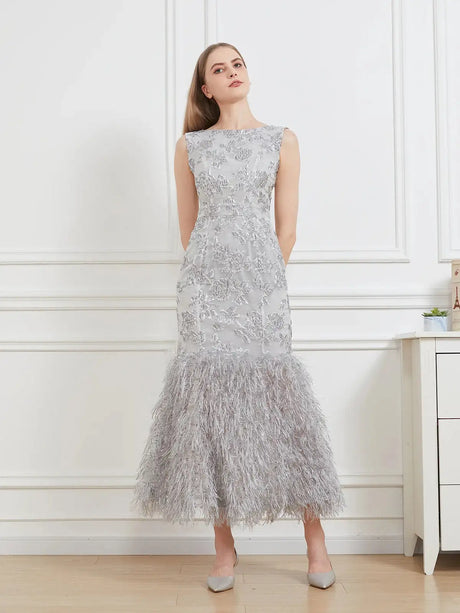DEVCHATA New Organza Fishtail Long Dress Maxi Evening Sleeveless Bodycon Fitting Gown Feathers Women Robe Vestido - Lootquake